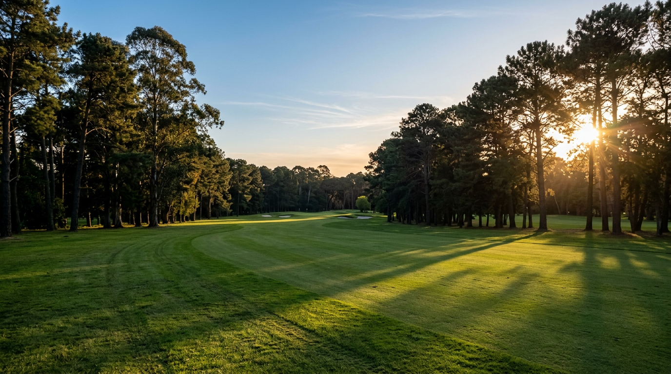 Fairway del club rodeado de pinos al atardecer